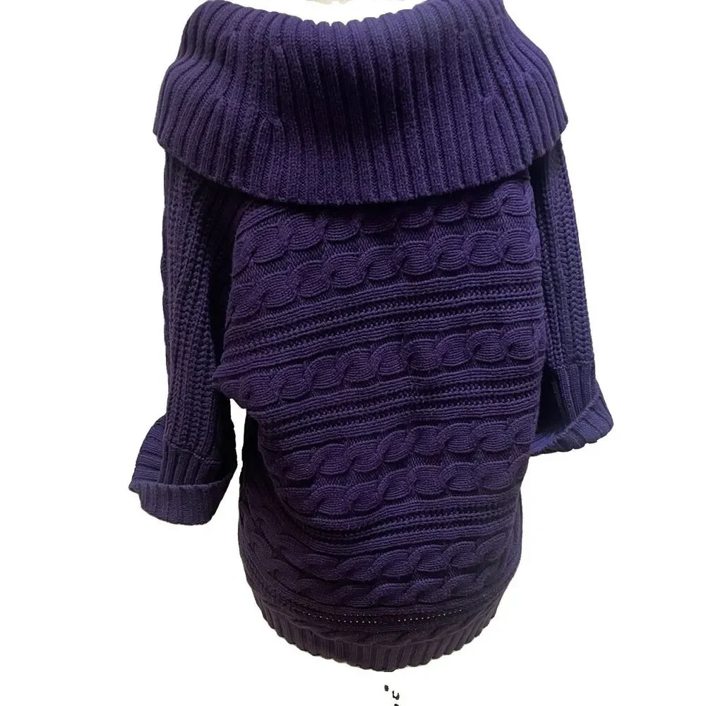 Michael Kors Royal Purple Cable Knit Cowl Neck Sweater Large Fisherman Goth